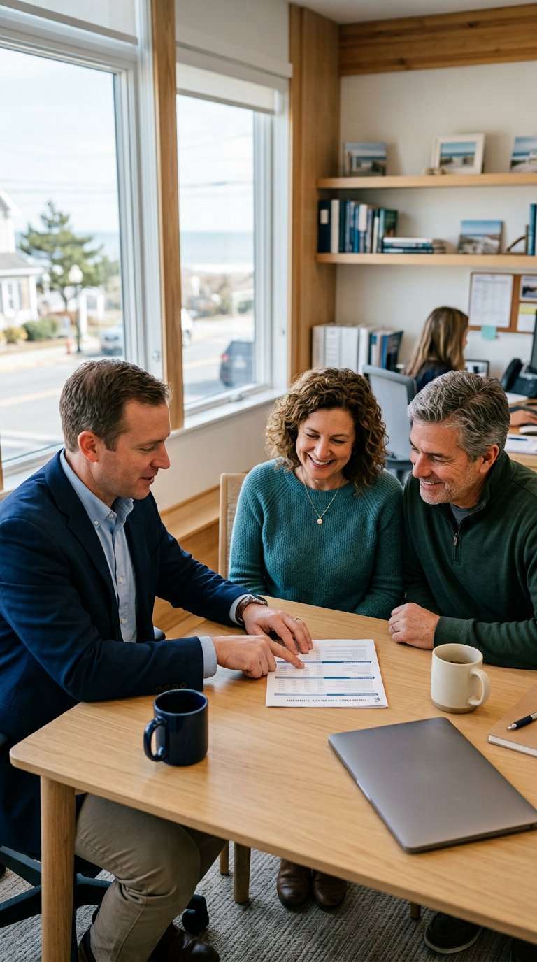 An advisor from Best Insurance Consultancy reviewing a coverage summary with a couple at a desk